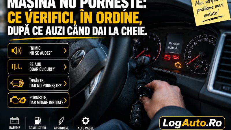 Mașina nu pornește: ce verifici, în ordine, după ce auzi când dai la cheie