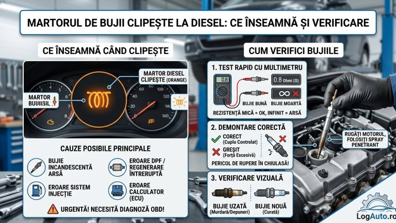 Martorul de bujii clipește la diesel: ce înseamnă și cum verifici bujiile