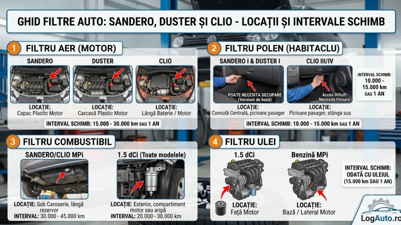 Filtre la Sandero, Duster și Clio: unde sunt și la ce interval se schimbă