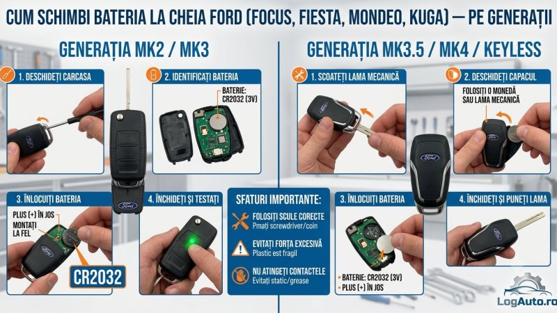 Cum schimbi bateria la cheia Ford (Focus, Fiesta, Mondeo, Kuga) — pe generații