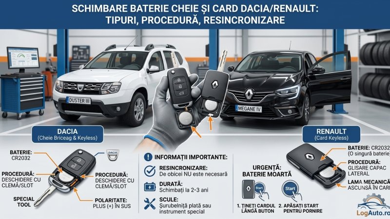 Cum schimbi bateria la cheia Dacia și la cardul keyless Renault (Logan, Sandero, Duster, Mégane)