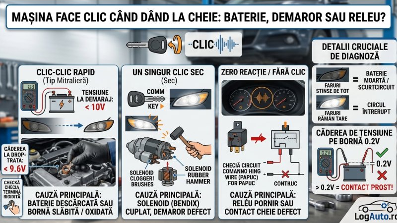 Mașina face clic când dau la cheie: baterie, demaror sau releu?