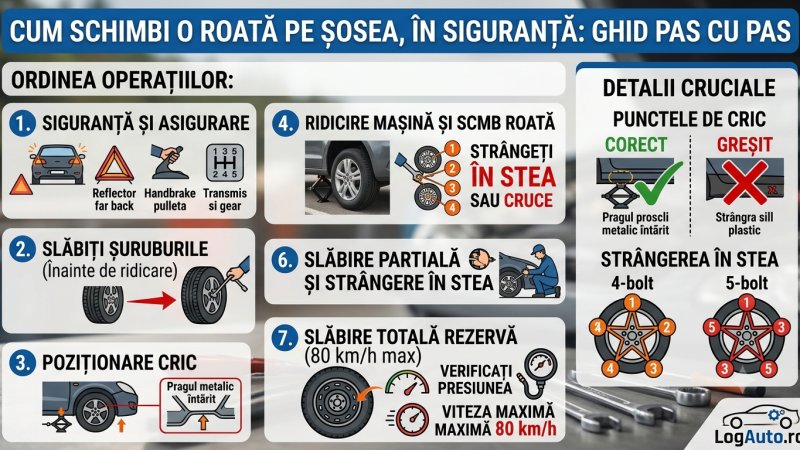 Cum schimbi o roată pe șosea, în siguranță: cric, ordinea operațiilor și strângerea în stea