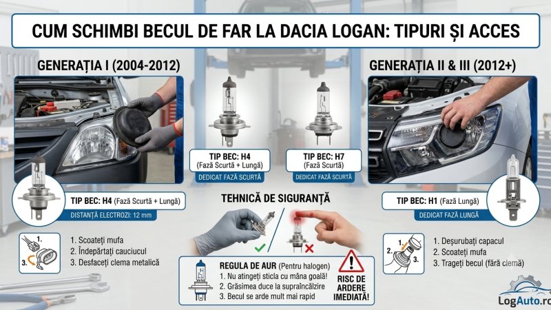 Cum schimbi becul de far la Dacia Logan: ce bec intră pe fiecare generație și cum ajungi la el